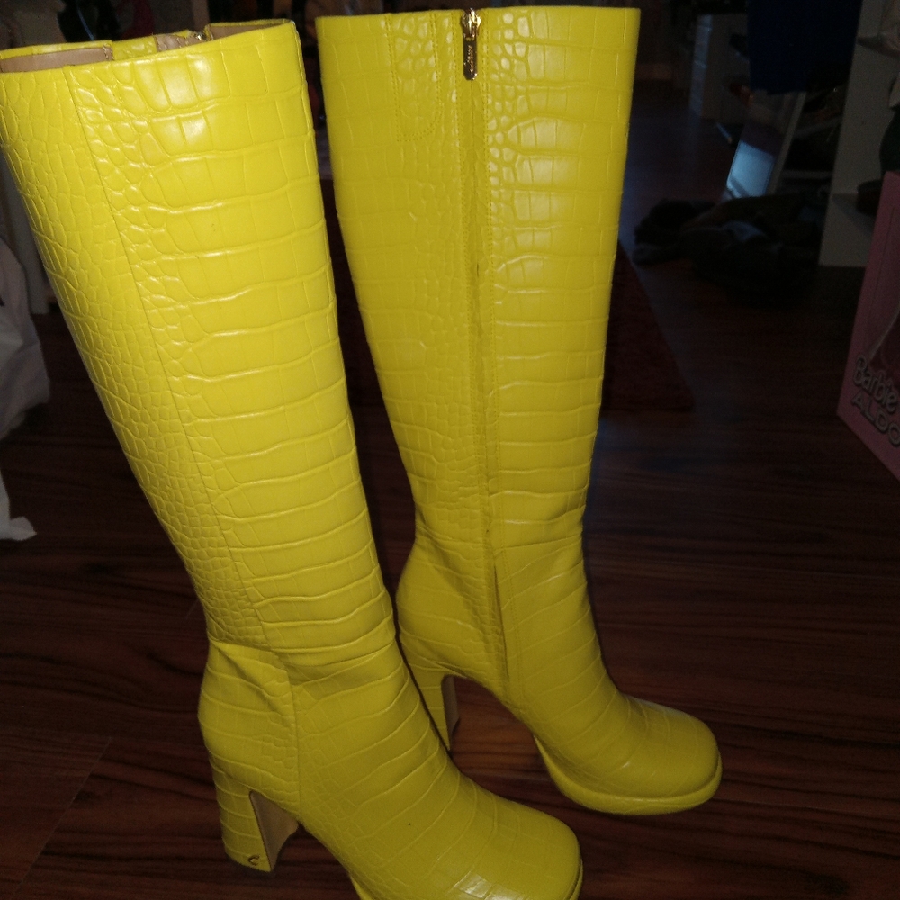 Yellow Croc-Embossed Knee-High Boots